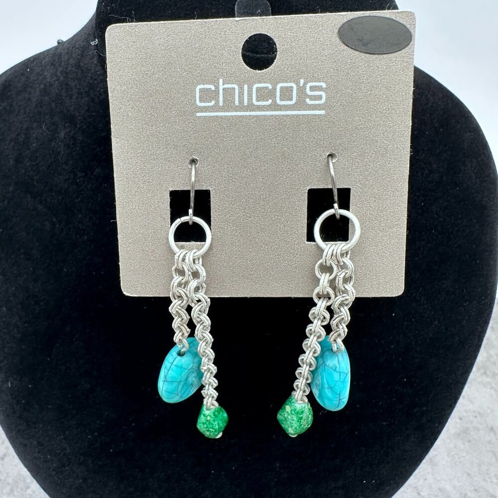 Chico's Turquoise Blue Green Beaded Stone Silver Tone Chain Dangle Earrings